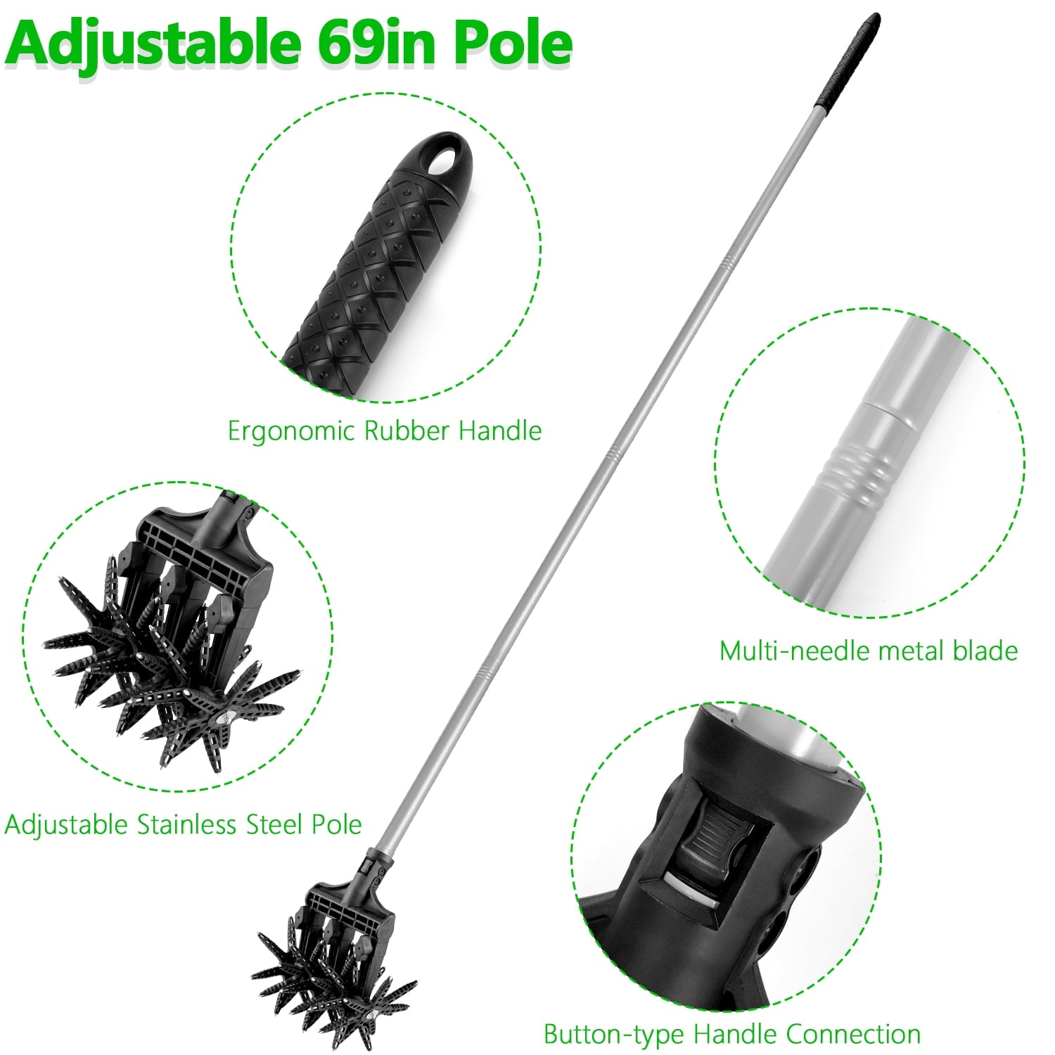 69in Manual Hand Tiller,2-in-1 Lawn Aerator Cultivator Tool with Adjustable Handle,42 Tines Stainless Steel Garden To... - Image 3