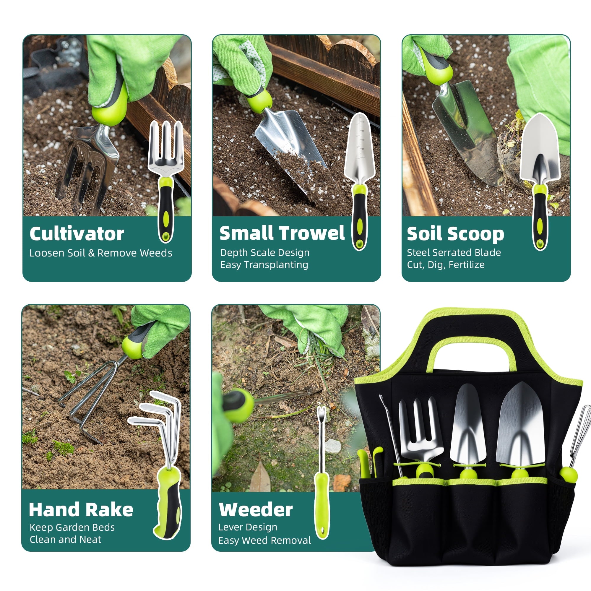 Deli Garden Tool Set, 8 Pieces Stainless Steel Heavy Duty Gardening Tool Set,Outdoor Gardening Hand Tools with Storag... - Image 2