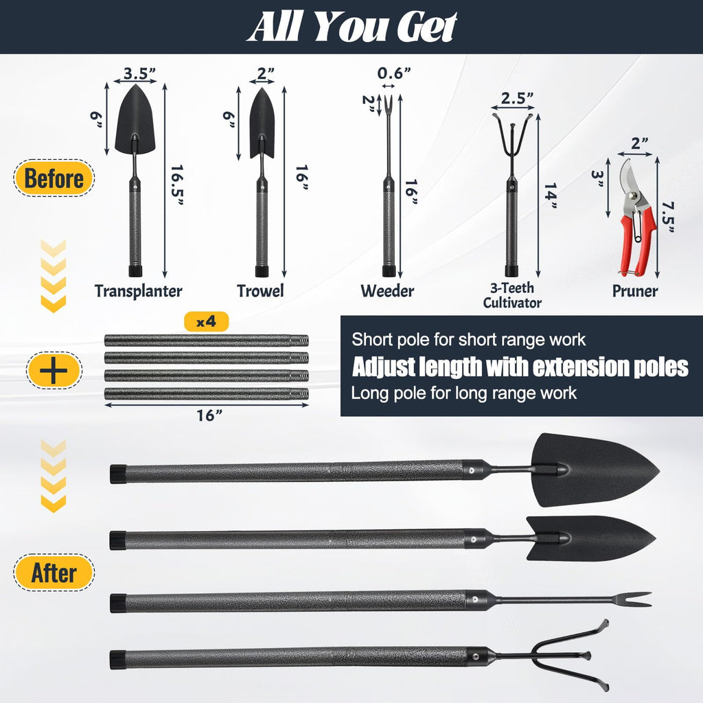 Garden Tools Set with Extension Handles, Heavy-Duty Steel  Thick Gardening Hand Tools,5 Pieces - Image 5
