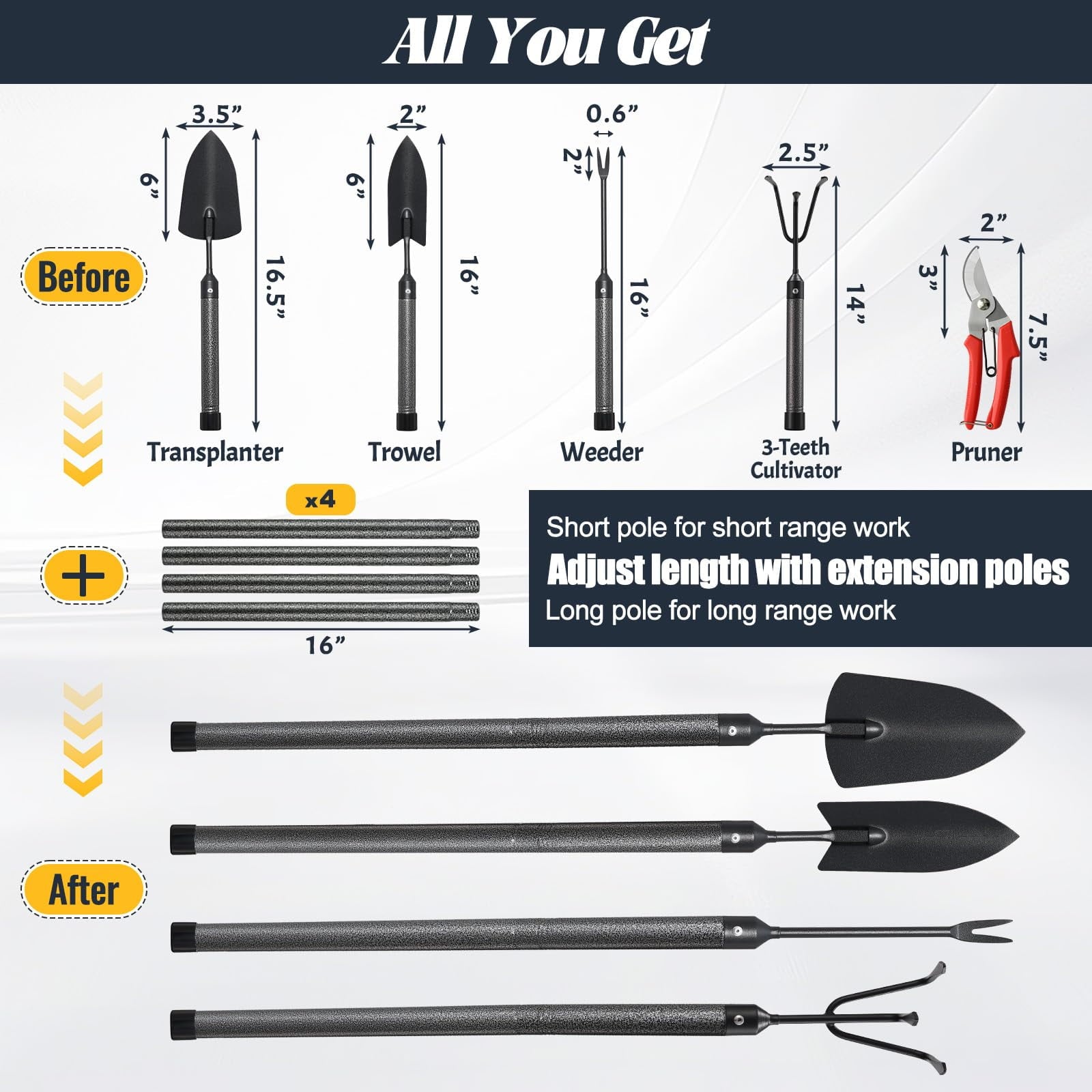 Garden Tools Set with Extension Handles, Heavy-Duty Steel  Thick Gardening Hand Tools,5 Pieces - Image 5