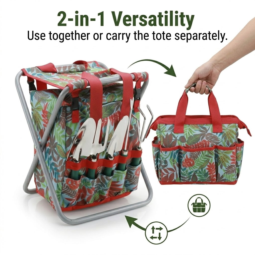 5-piece Garden Tool Set with Tote and Folding Seat - Image 3