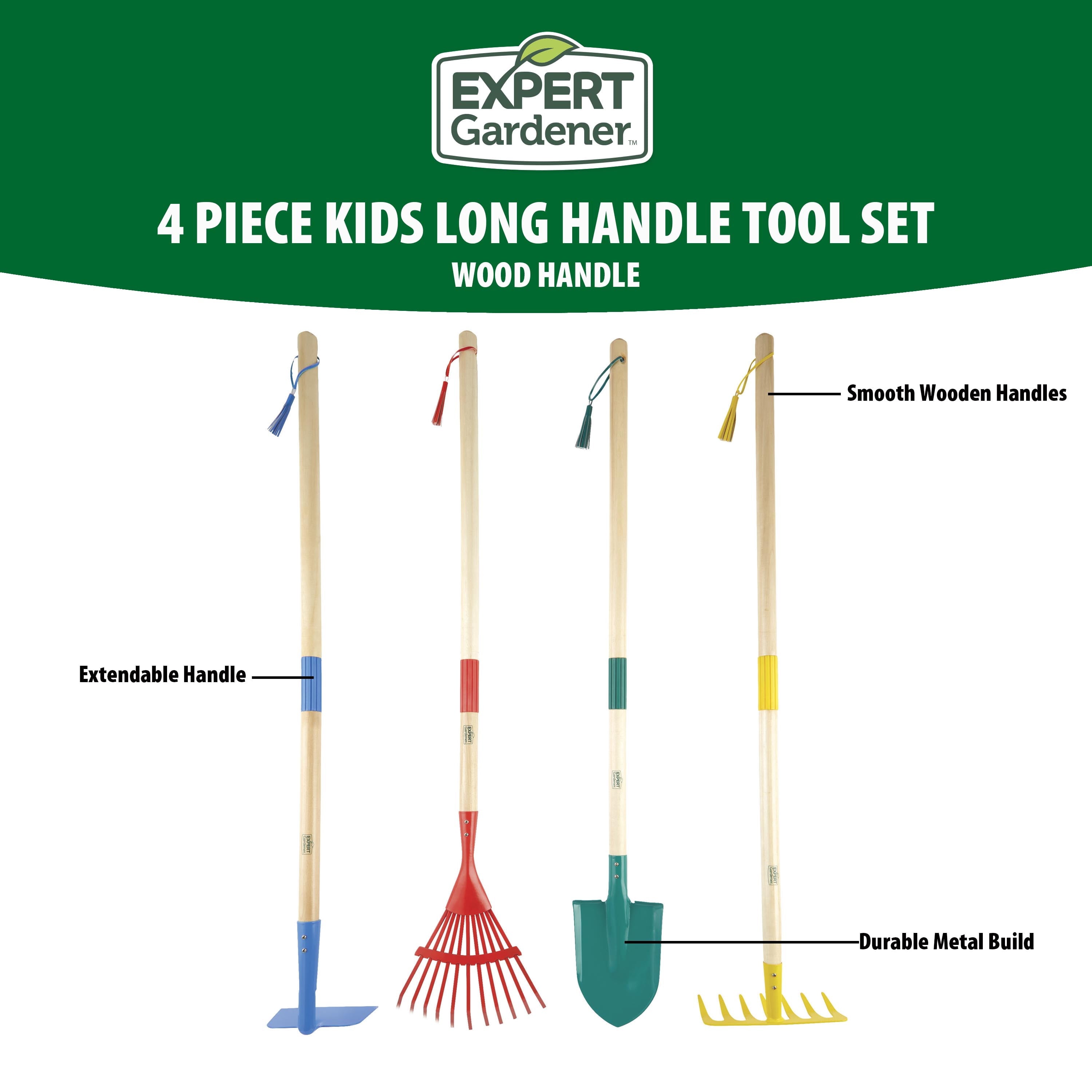 Expert Gardener 4-piece Kids Long Handle Gardening Tool Set, Hoe, Bow Rake, Leaf Rake, Shovel - Image 2