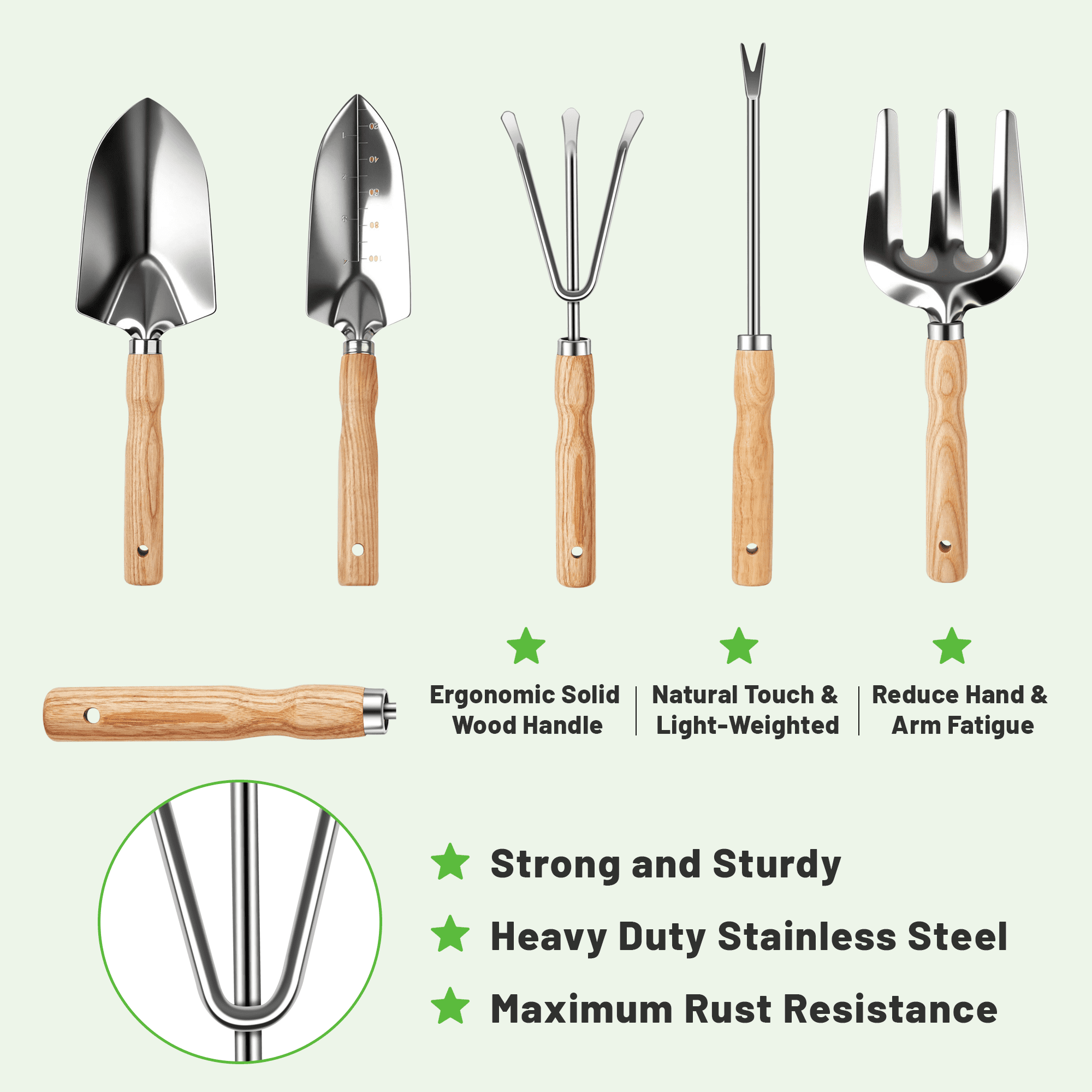 Gardening Tool Set, 5 Pack Gardening Hand Tools Includes Trowel, Transplanter, Cultivator, Weeder, and Hand Rake with Ergonomic Handle, Stai - Image 4