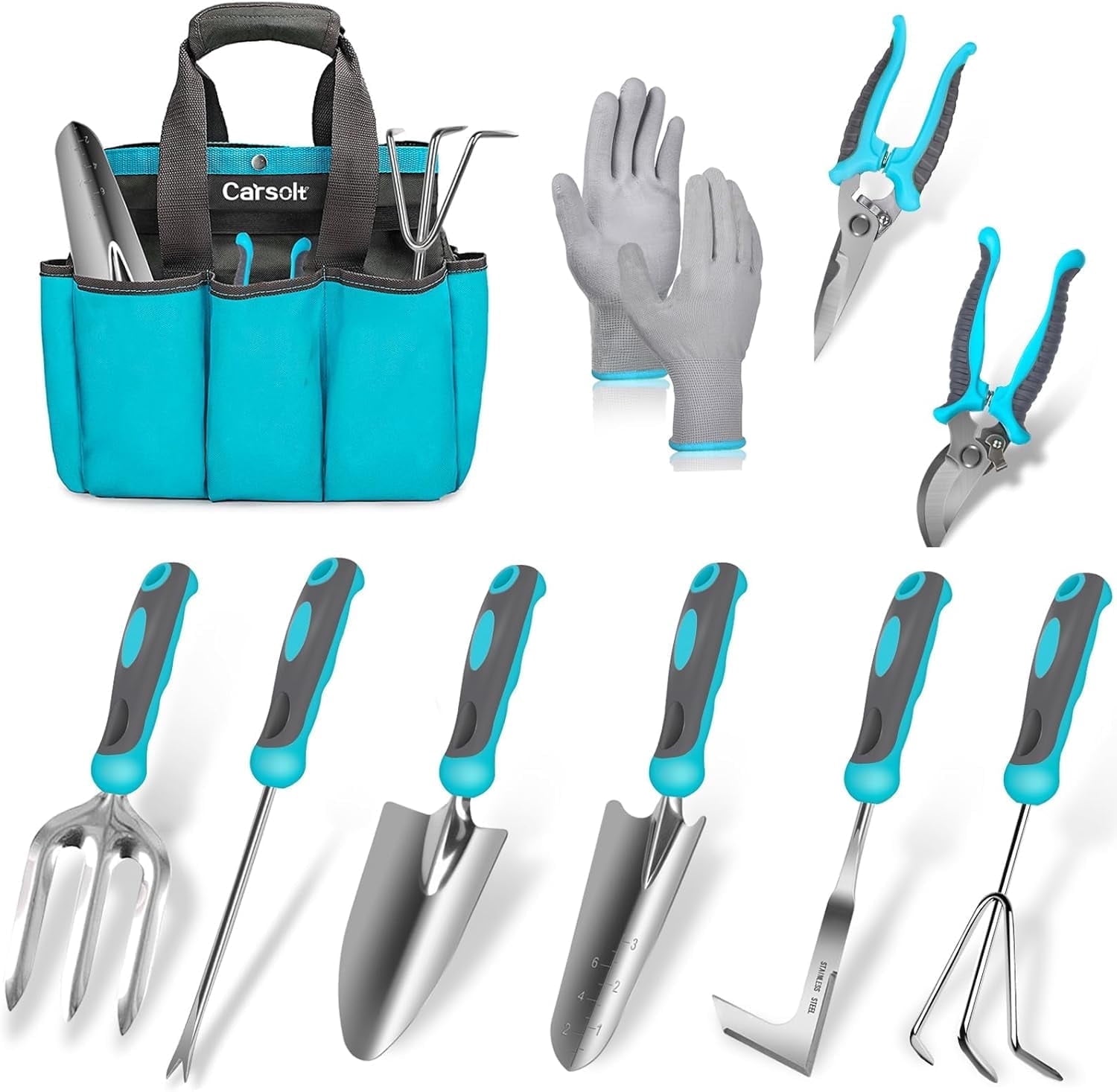 10 Piece Heavy Duty Stainless Steel Garden Tools Set with Ergonomic Rubber Handle. Variety of Gardening Hand Tools fo...