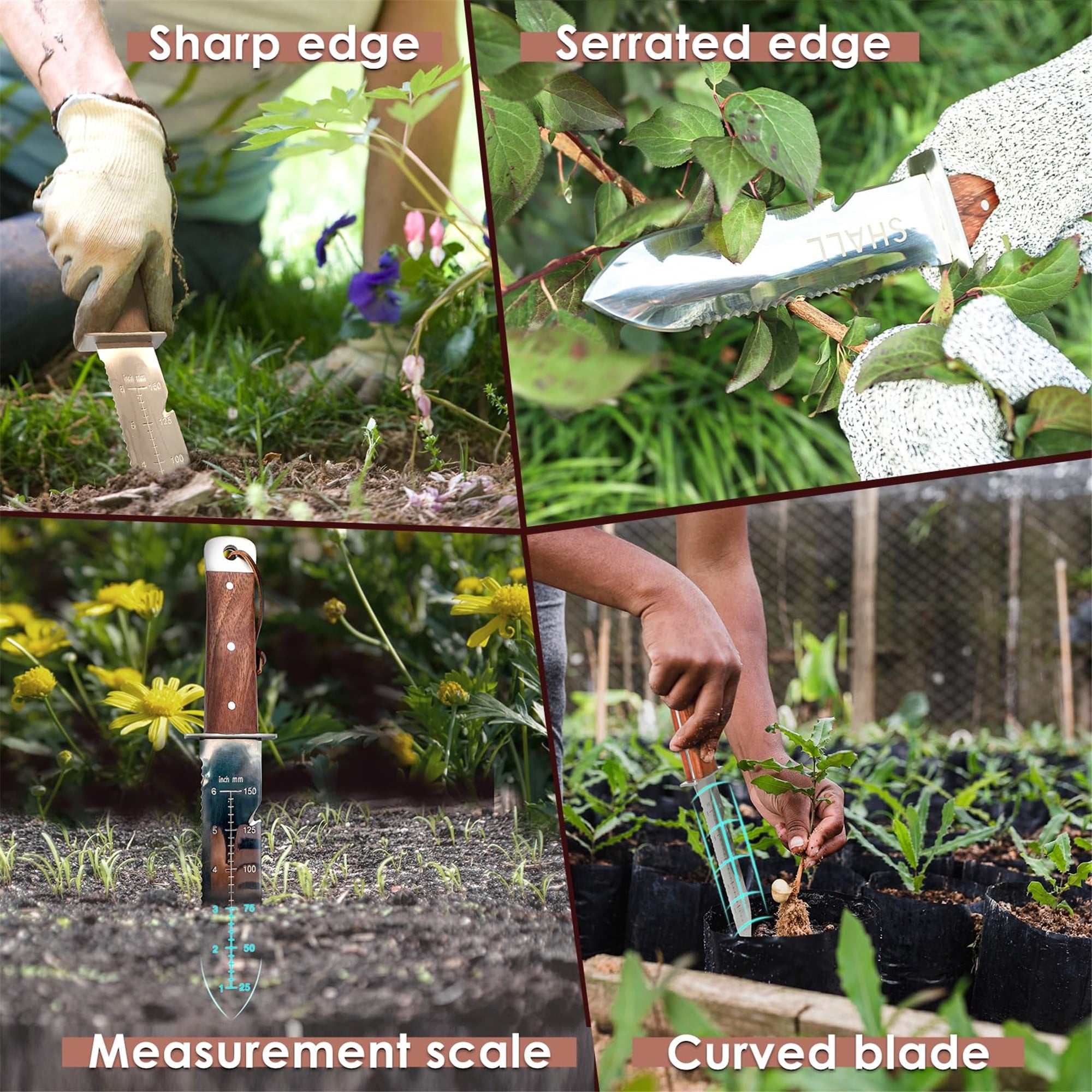 SHALL Hori Hori Garden Knife for Gardening, Full Tang Hori Hori Knife with Sheath & Hide Rope, 7” Stainless Steel Blade with Cutting Edge fo - Image 2
