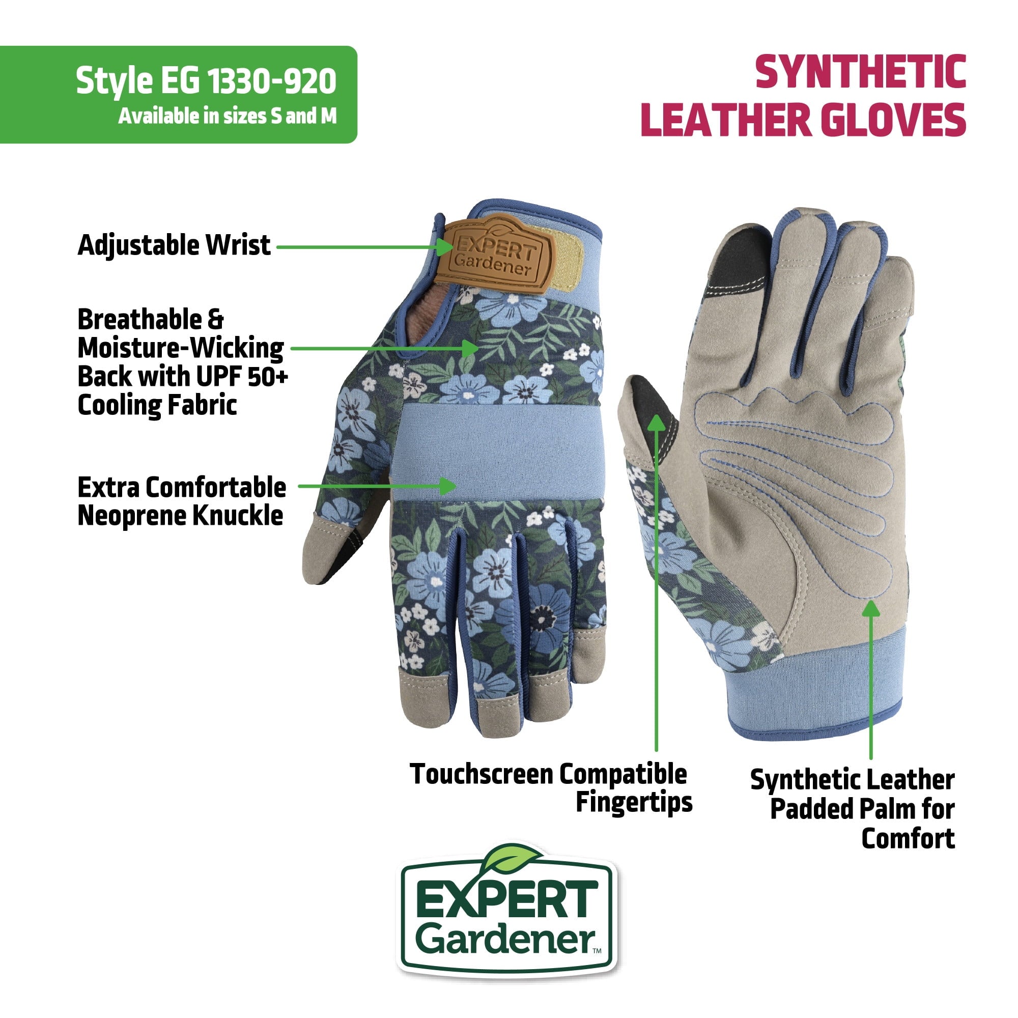 Expert Gardener Womens Cooling, Adustable Wrist, Synthetic Leather Gardening Gloves, Size M - Image 2