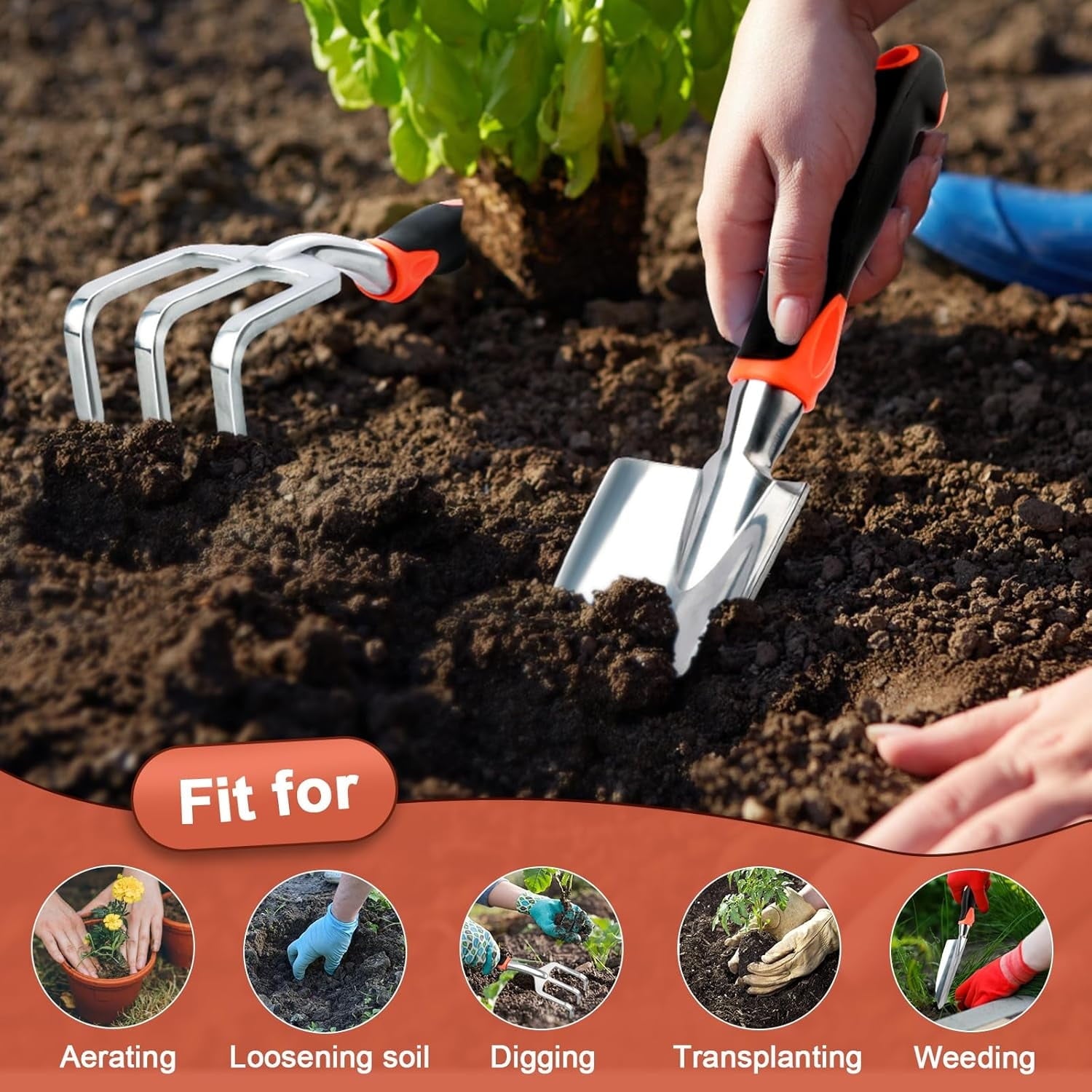 3-In-1 Garden Tool Set Black And Orange Trowel Transplanter Cultivator - Image 5