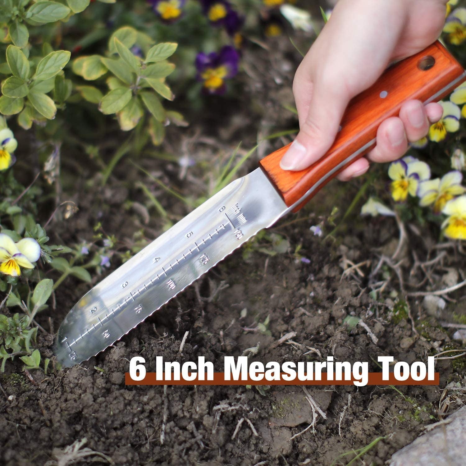 HAUSHOF Hori Hori Garden Knife 7Stainless Steel Serrated Blade with Cutting Edge, Gardening Tool with Leather Sheath for Weeding, Planting, - Image 2