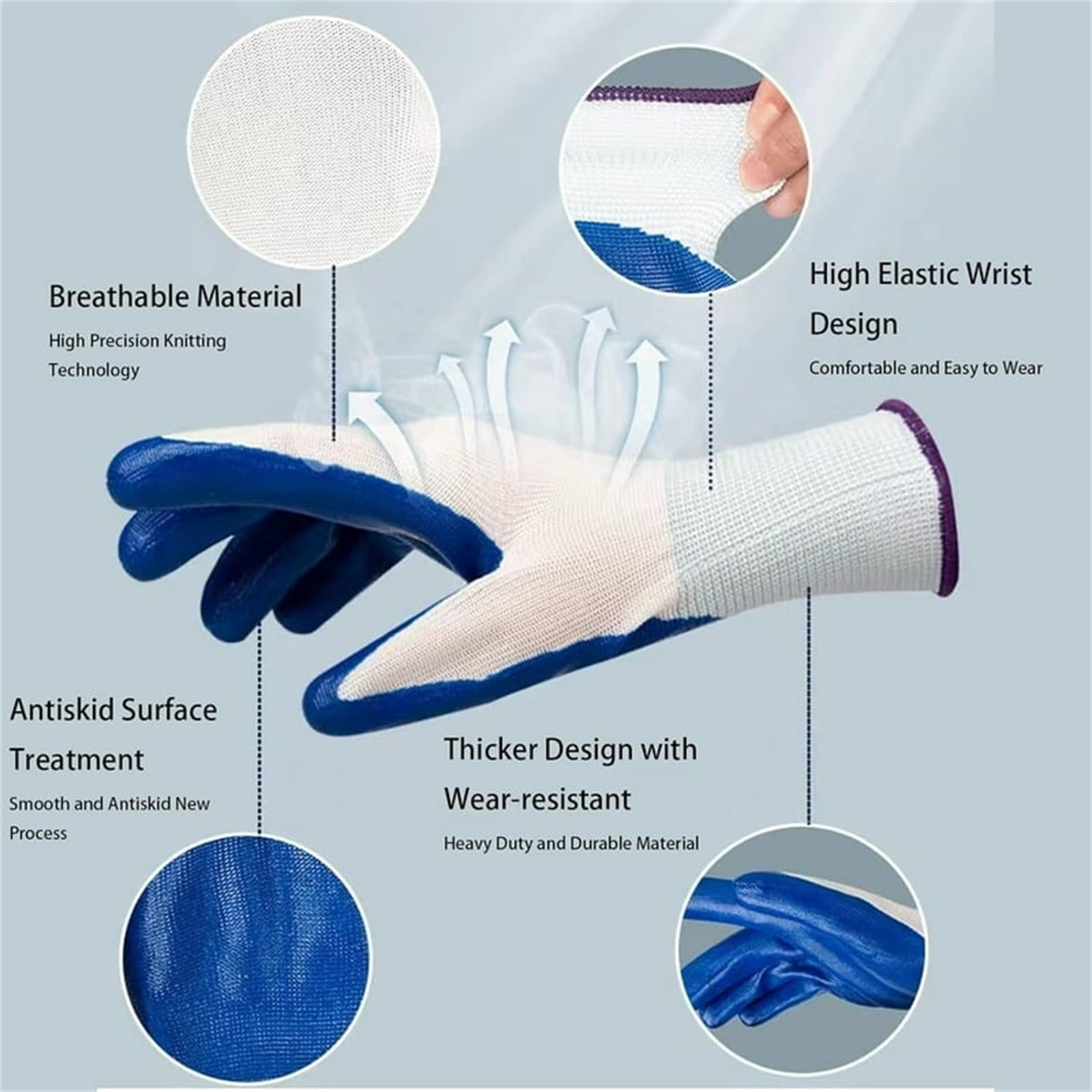 1 Pair Gardening Work Gloves Bulk for Men Women, Breathable Rubber Coated Garden Gloves for Construction,Blue - Image 5