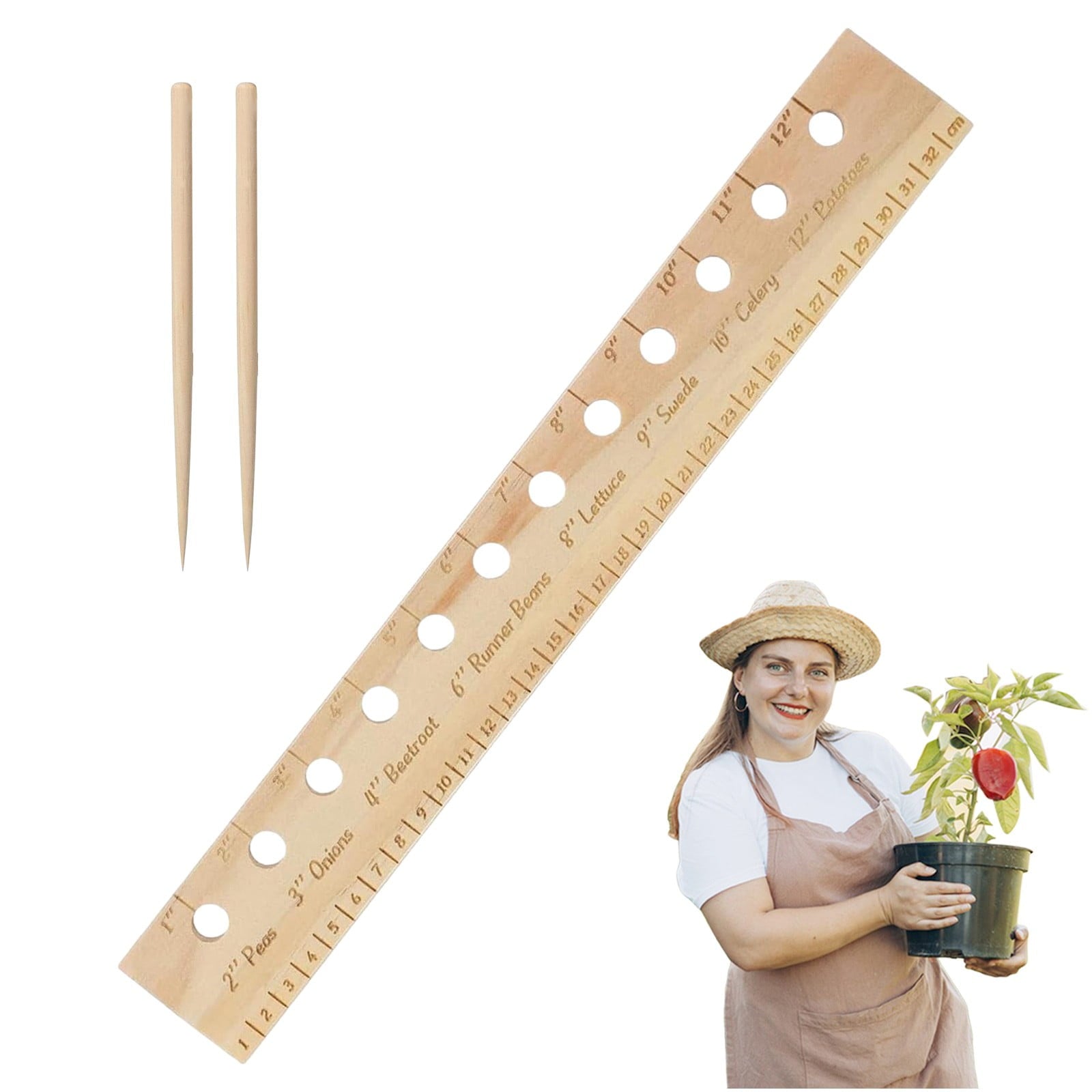 Spacer Tool Seeder Planting Ruler Wooden Seeding Spacing Ruler with Holes and Dibber for Gardens Yard - Image 2
