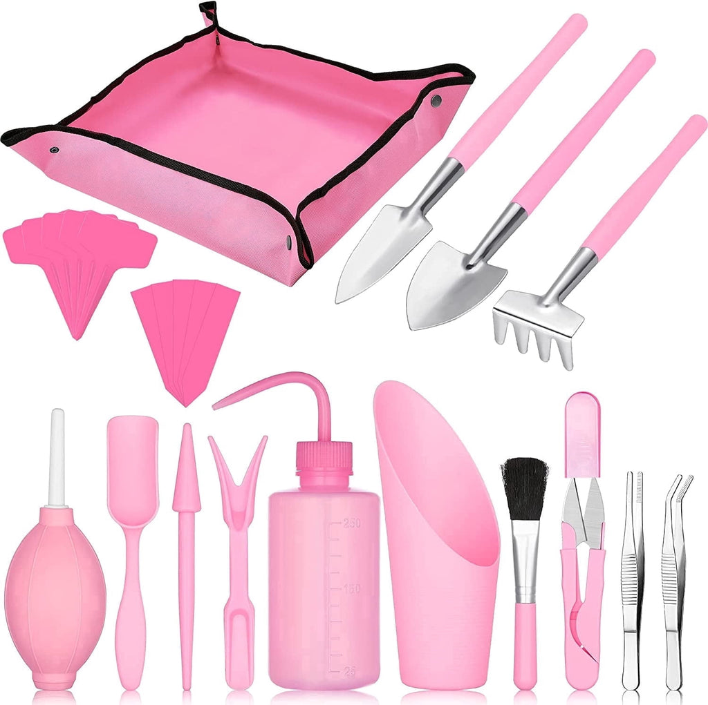 24 Pcs Succulent Tools Set with 20" x 20" Waterproof Potting Tarp Mat, Miniature Indoor Garden Hand Tool Kit for Tran...