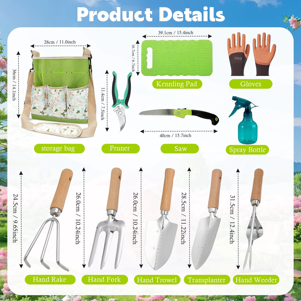 11-Piece Garden Tools Set for Women, Heavy Duty Stainless Steel Hand Tools with Ergonomic Non-Slip Grips & Canvas Sto... - Image 2
