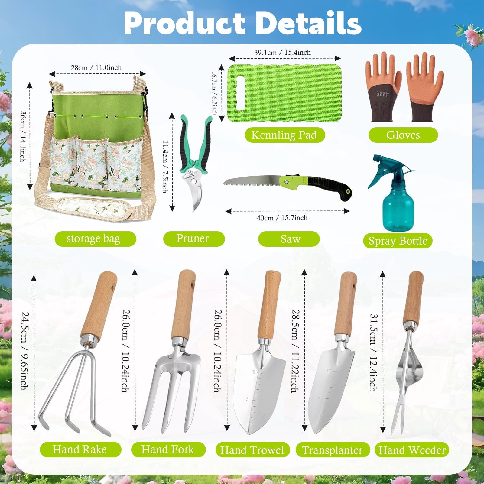 11-Piece Garden Tools Set for Women, Heavy Duty Stainless Steel Hand Tools with Ergonomic Non-Slip Grips & Canvas Sto... - Image 2