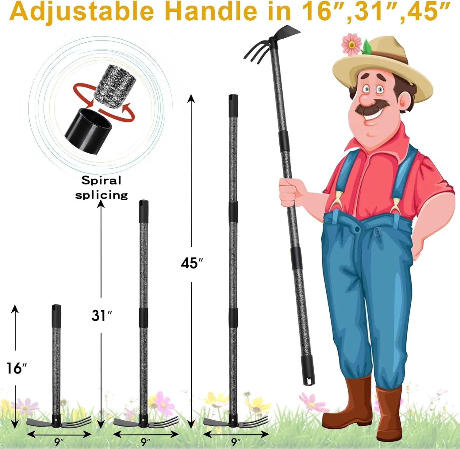 and Cultivator with Double-Head,46" Adjustable Handle Hand Tool, Heavy Duty with Tiller - Image 5