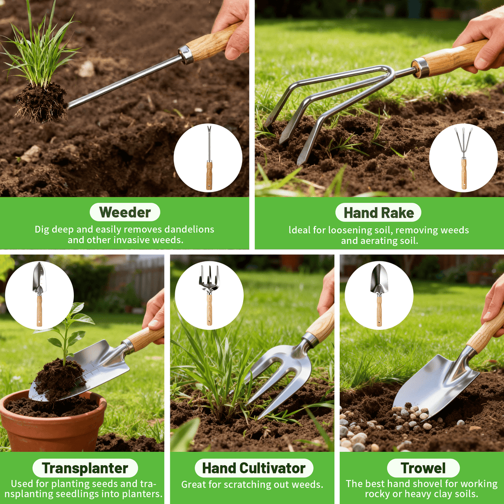 Gardening Tool Set, 5 Pack Gardening Hand Tools Includes Trowel, Transplanter, Cultivator, Weeder, and Hand Rake with Ergonomic Handle, Stai - Image 3