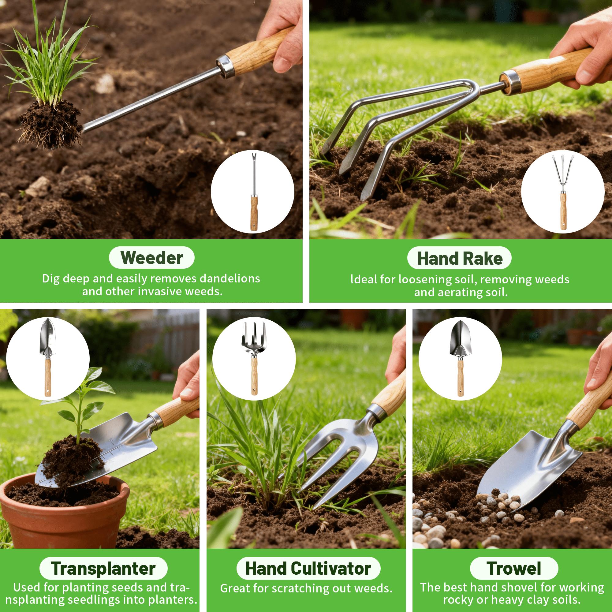 Gardening Tool Set, 5 Pack Gardening Hand Tools Includes Trowel, Transplanter, Cultivator, Weeder, and Hand Rake with Ergonomic Handle, Stai - Image 3