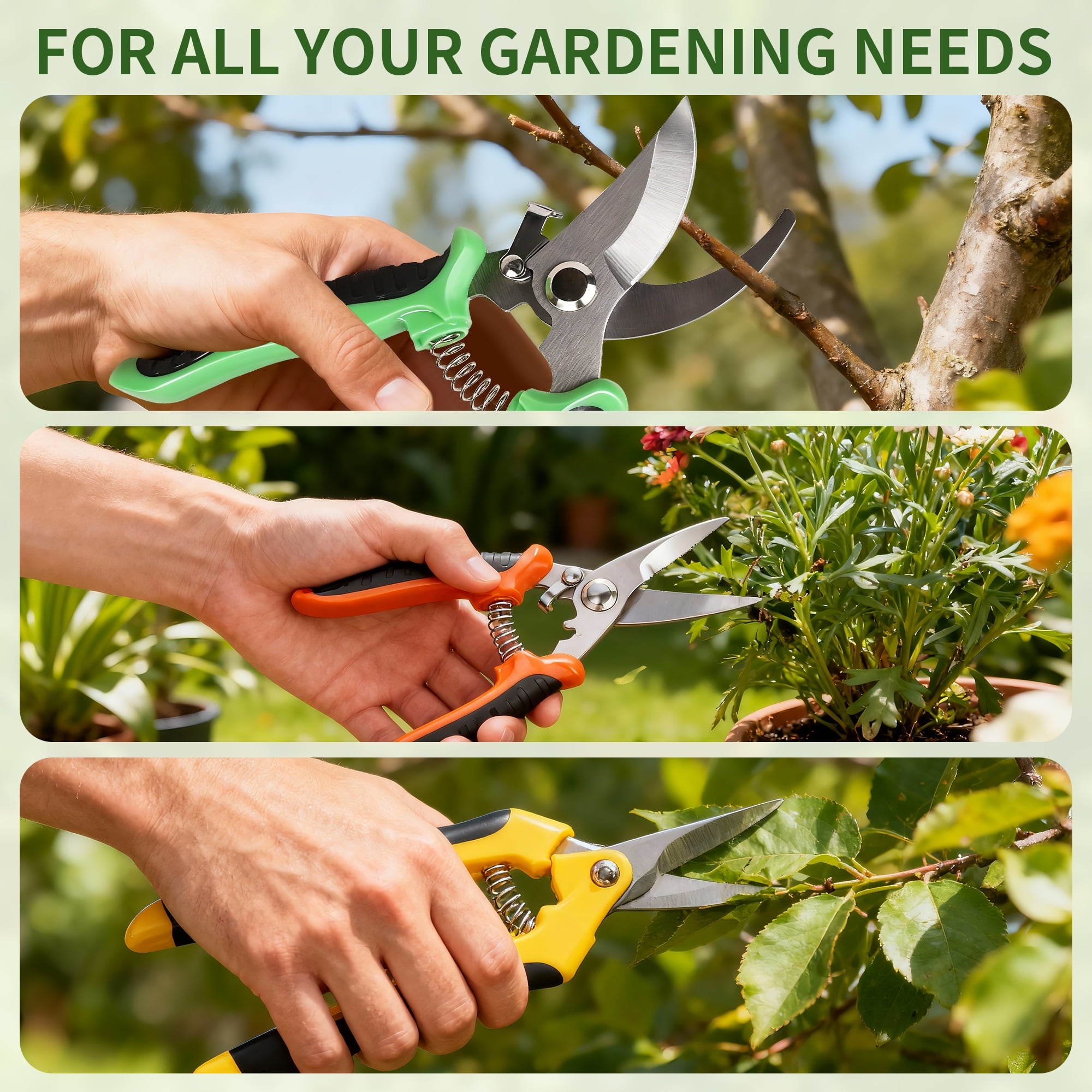 Qissep 3 Pack Garden Pruning Shears, Stainless Steel Pruning Shears for Gardening, Garden Hand Tools Set,Multicolor - Image 6
