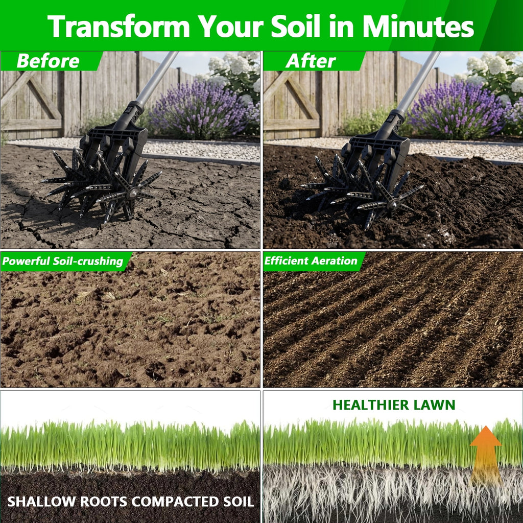 69in Manual Hand Tiller,2-in-1 Lawn Aerator Cultivator Tool with Adjustable Handle,42 Tines Stainless Steel Garden To... - Image 4