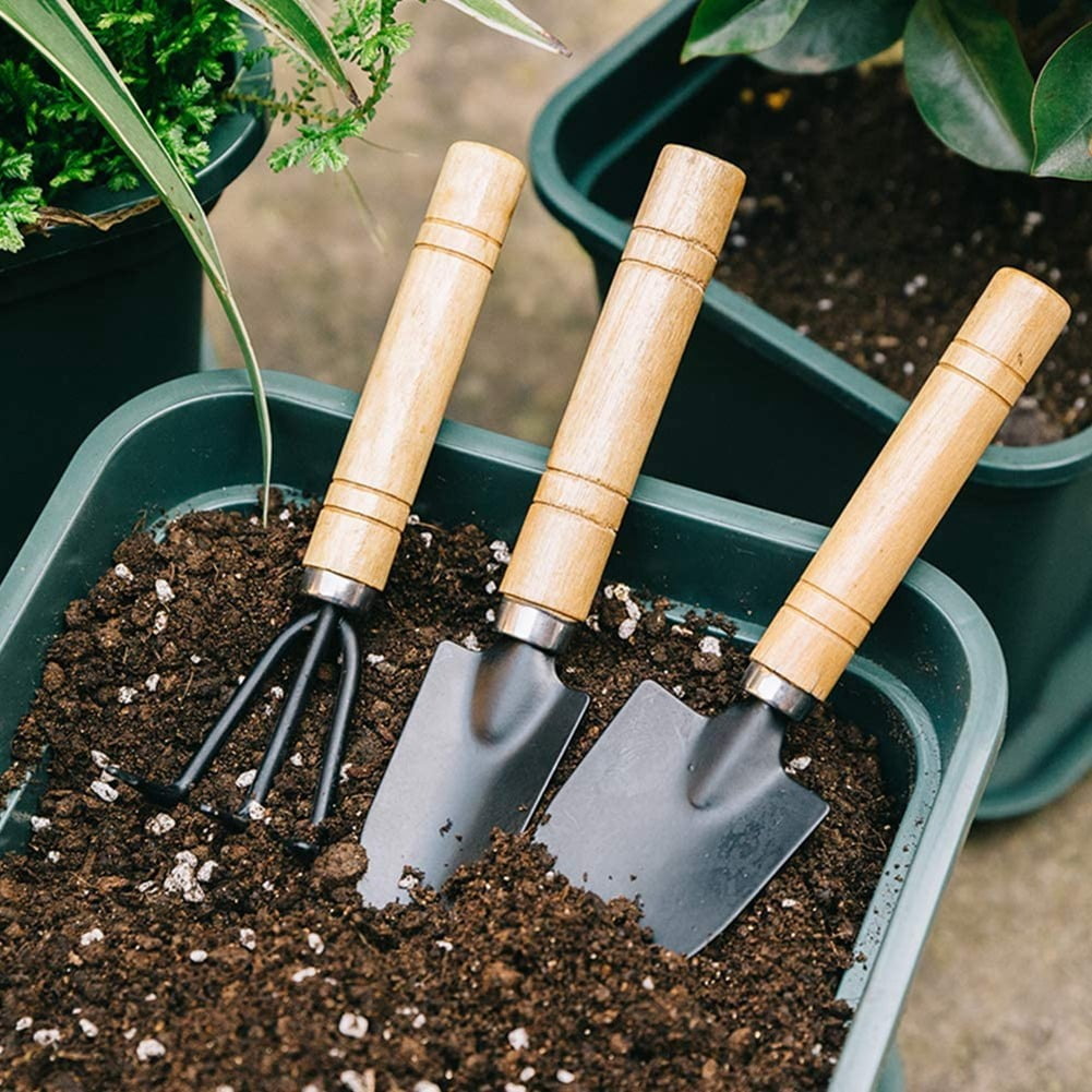 Set of 3 Mini Garden Tool Hand Planting Tools Small Shovel Rake Spade Wood Handle - Image 4