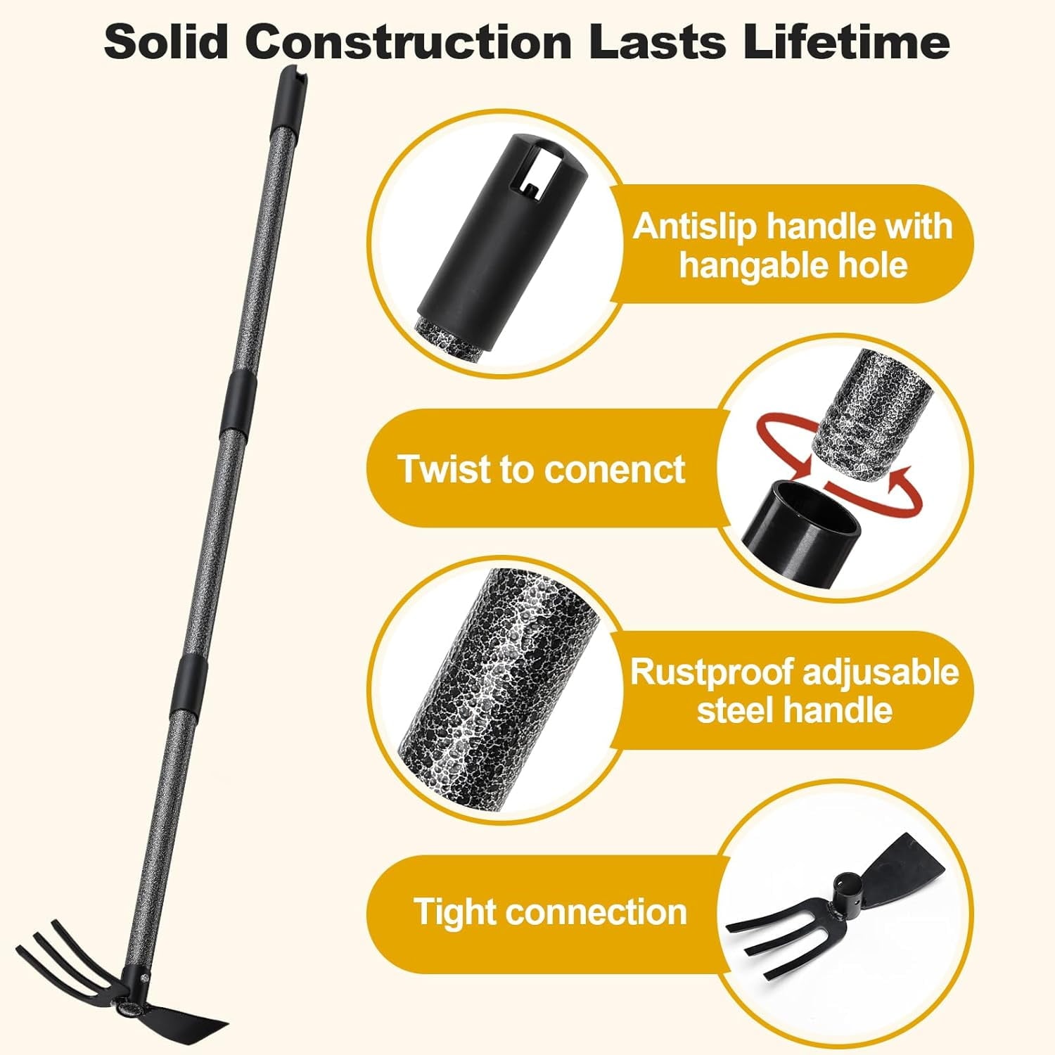 and Cultivator with Double-Head,46" Adjustable Handle Hand Tool, Heavy Duty with Tiller - Image 3