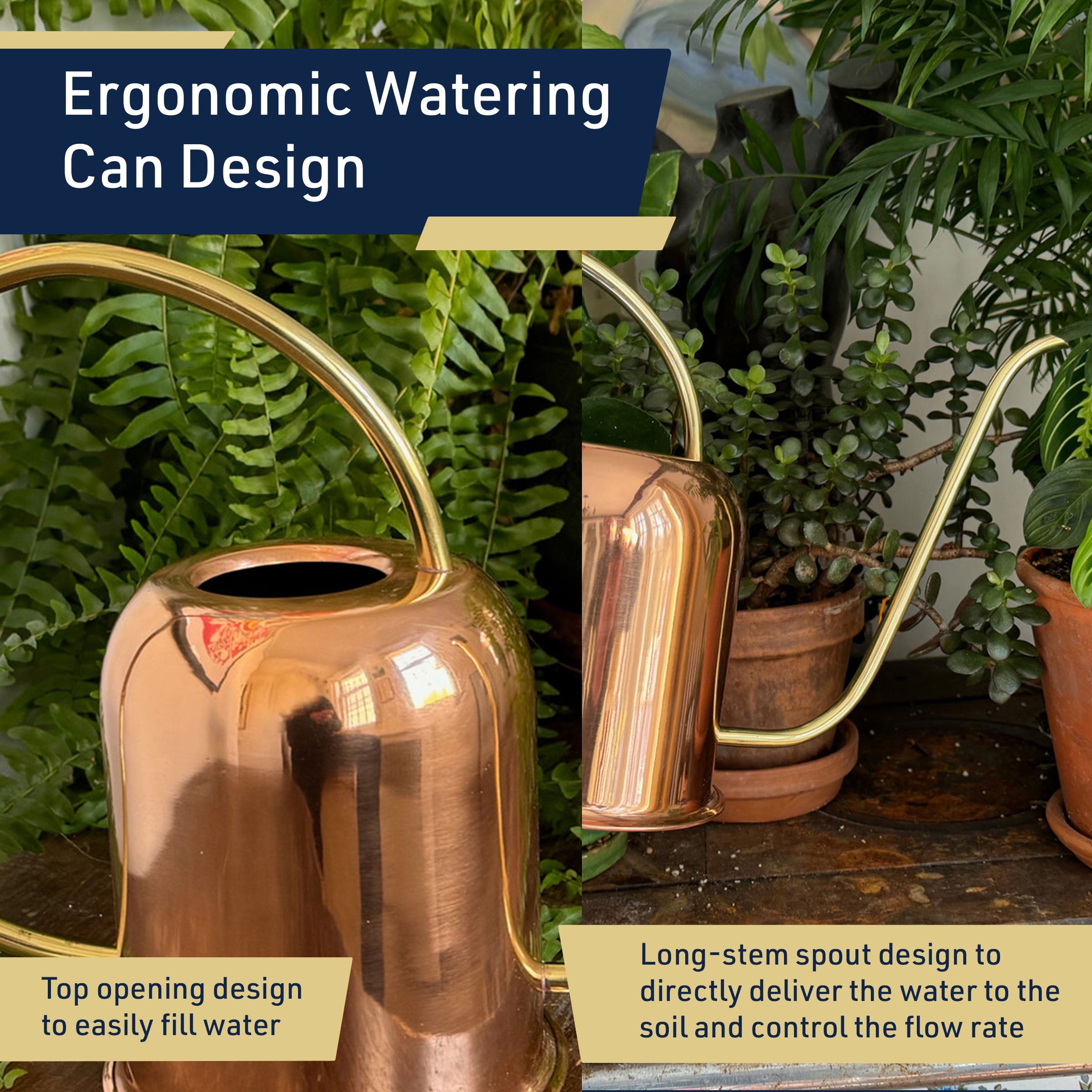 48oz Copper Watering Can Long Spout Indoor Plant Waterer with Brass Handle - Image 3