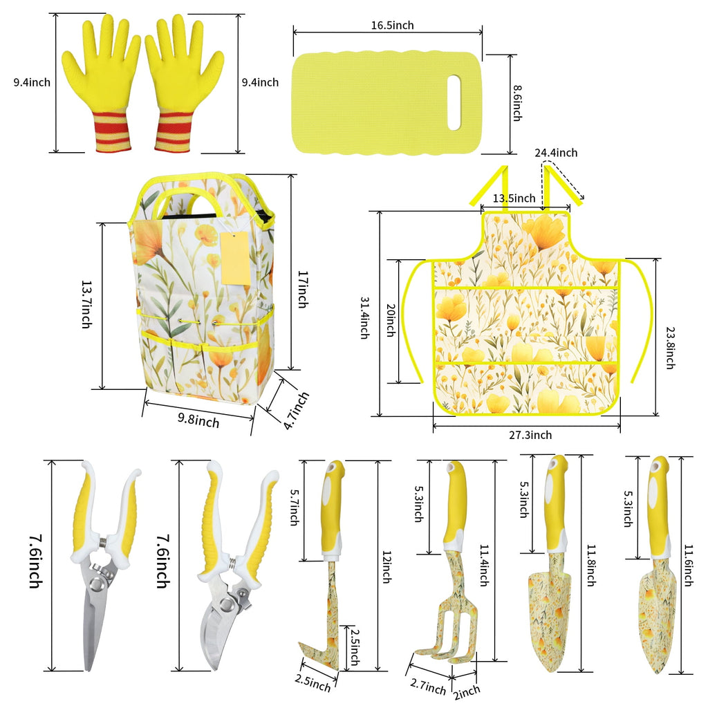 ZUEXT Yellow Garden Tool Sets 10-Piece, Heavy Duty Gardening Hand Tools with Non-Slip Ergonomic Handle, Flower Print Garden Tool Bag, Garden - Image 3