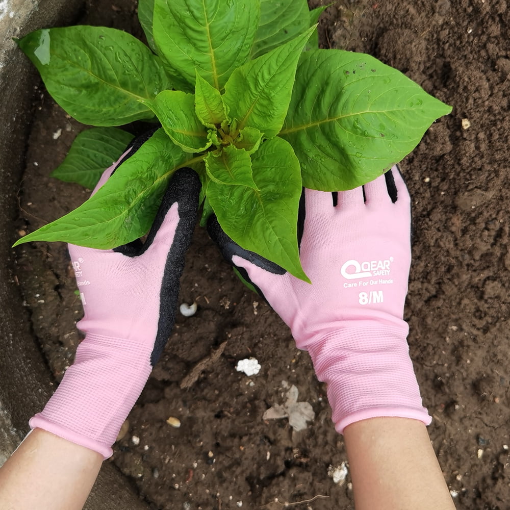 3 Pairs Qear Pink Lady Gardening Work Gloves for Men and Women, Latex Rubber Palm Coated, Anti-slip, Abrasion, Snug Fit (Medium) - Image 6
