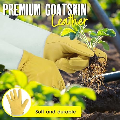 Gloves for Men Women, Thorn Proof Forearm Protection Leather Garden Gloves, Gifts for Gardeners (Golden Yellow, Large) - Image 2
