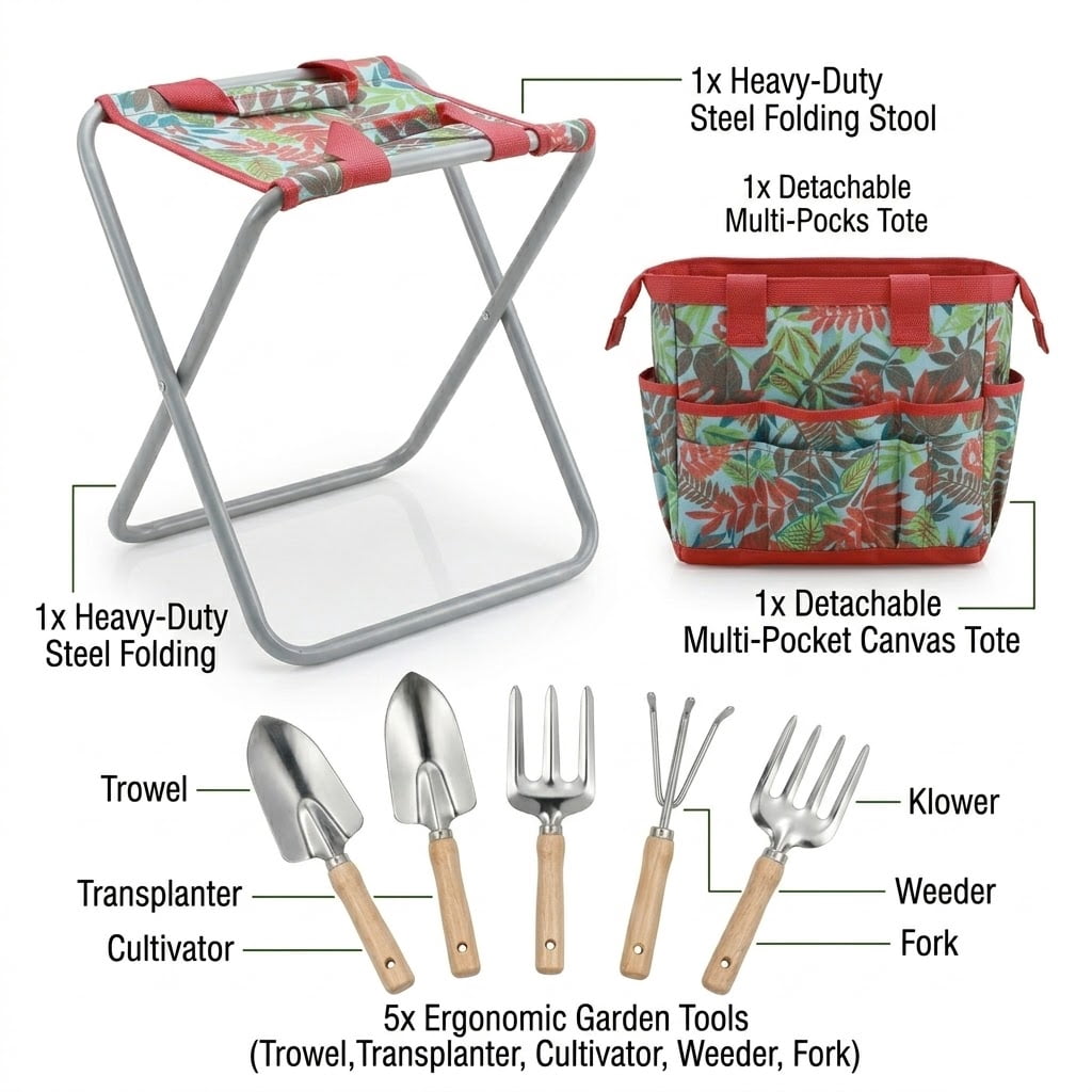 5-piece Garden Tool Set with Tote and Folding Seat - Image 2