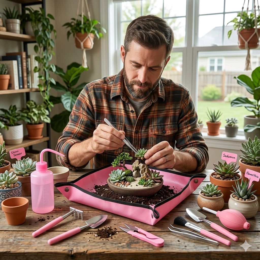 24 Pcs Succulent Tools Set with 20" x 20" Waterproof Potting Tarp Mat, Miniature Indoor Garden Hand Tool Kit for Tran... - Image 5