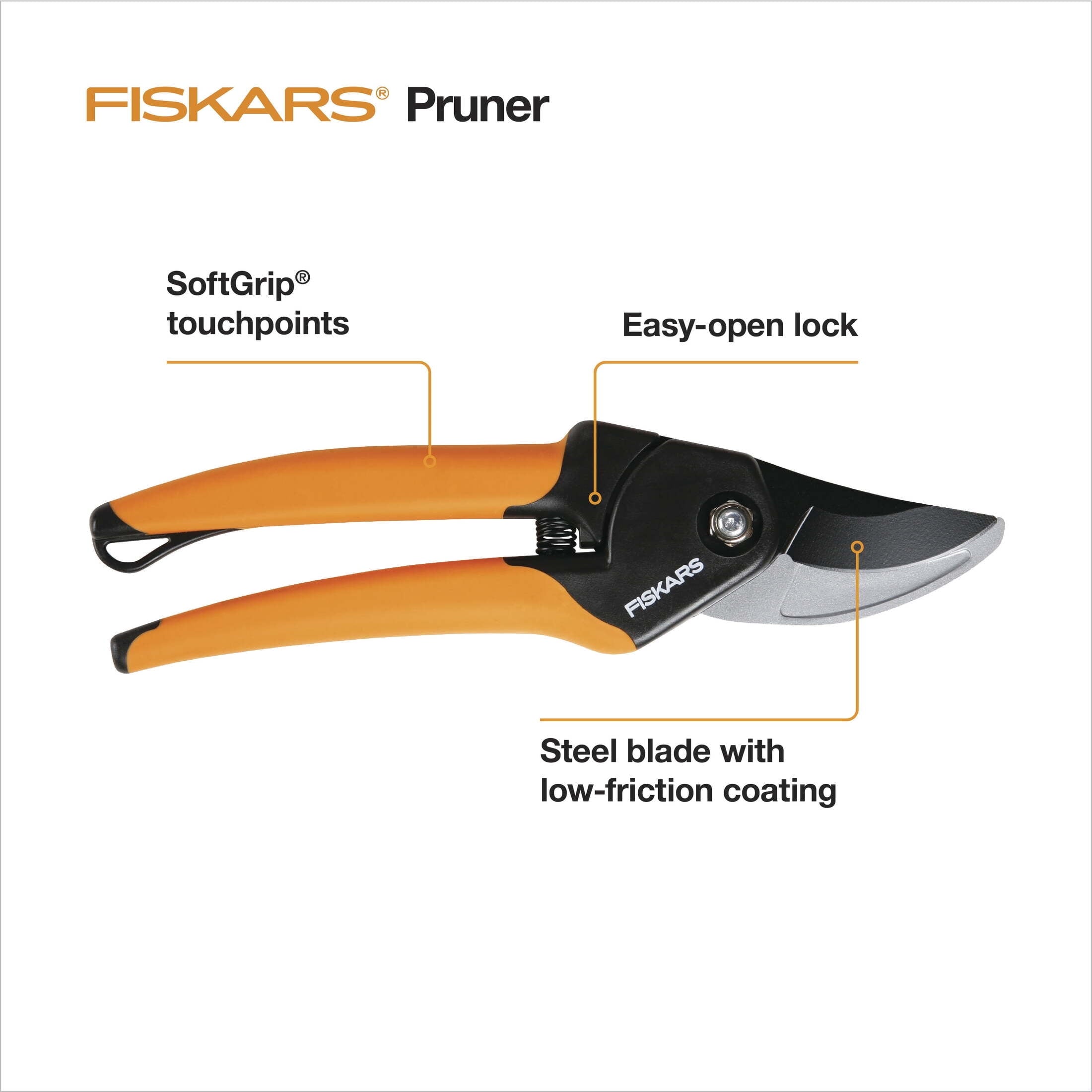 Fiskars 5/8" Bypass Pruner Garden Tool with Steel Blade and Soft Grip Handle, Black and Orange - Image 3