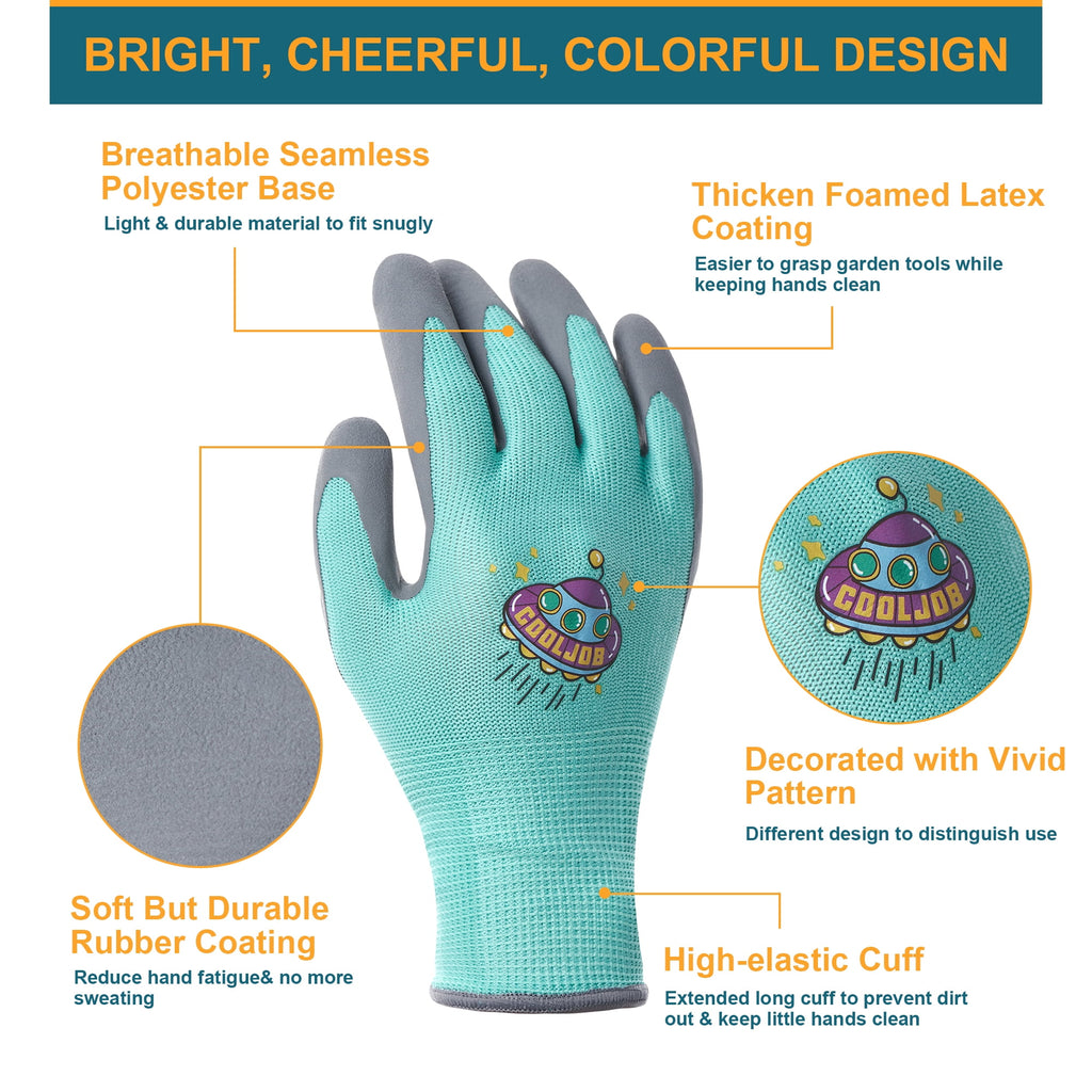 COOLJOB Kids Gardening Gloves for Age 6-8, Children Grippy Rubber Coated Garden Work Gloves, Orange & Green & Yellow, Medium, 3 Pairs - Image 2
