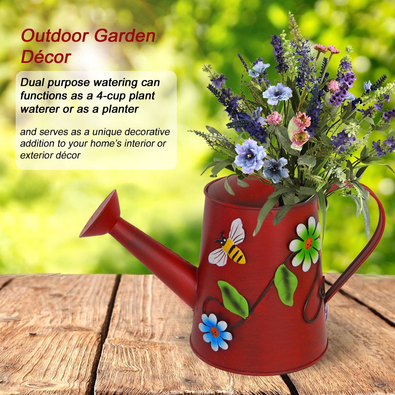 Small Red Watering Can - Decorative Flowers & Bee Metal Watering Can (Vol: 4 Cups) - Image 2