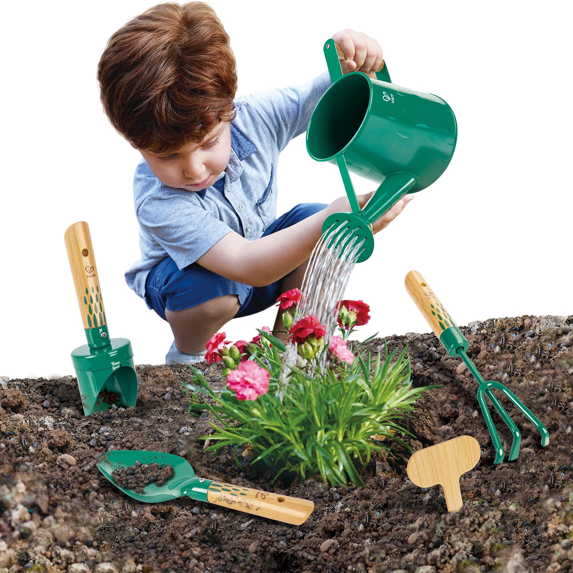 Hape: Nature Fun - Gardening Tool Set - Green 6pc Set, Bamboo & Metal, Water Can & Tools, Sturdy Enough To Use In The Garden, Outdoor Toy, K - Image 4