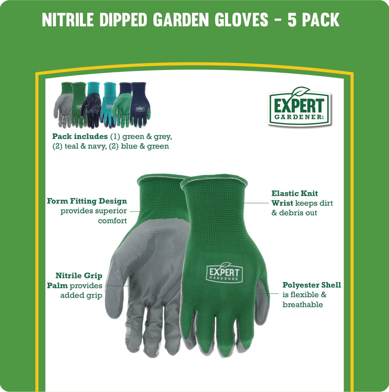 Expert Gardener 5 Pair Nitrile Garden Gloves, Medium - Image 4