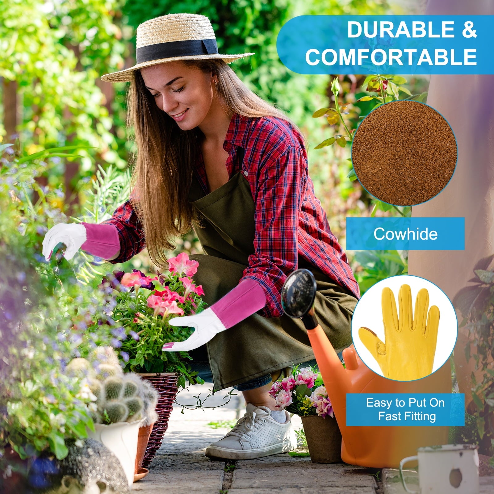 Long Gardening Glove, Cowhide Leather Rose Pruning Garden Glove Thorn Proof Yellow/Brown XL - Image 3
