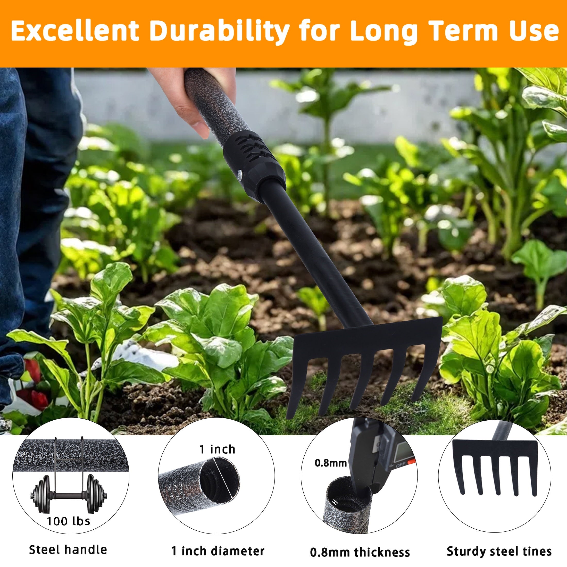 Rake, Small Cultivator with Adjustable le, Weeder Tool for Weeding, Digging,Aerating, Loosening Soil - Image 2