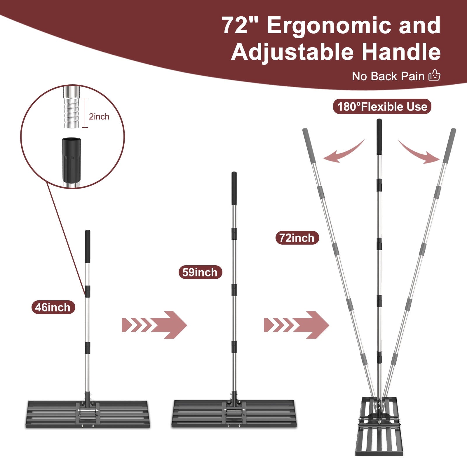 Lawn Leveling Rake, 30" x 10" Heavy-Duty Stainless Steel Lawn Leveler with 72“ Adjuatble Long Handle - Effort-Saving Leveling Soil Sand Spre - Image 4