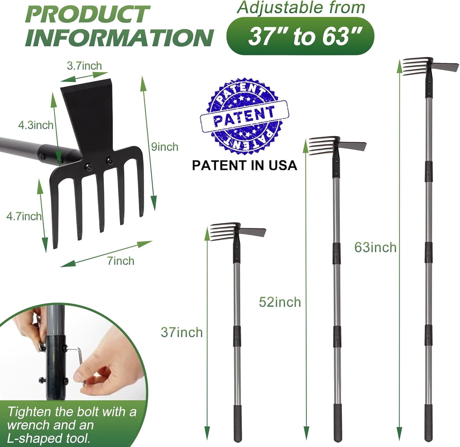 2 in 1 Hoe Garden Tool, 63 Inch Garden Hoe Cultivator and 5-Tines Rake with 37-63 Inch Adjustable Long Handle, Weedin... - Image 2