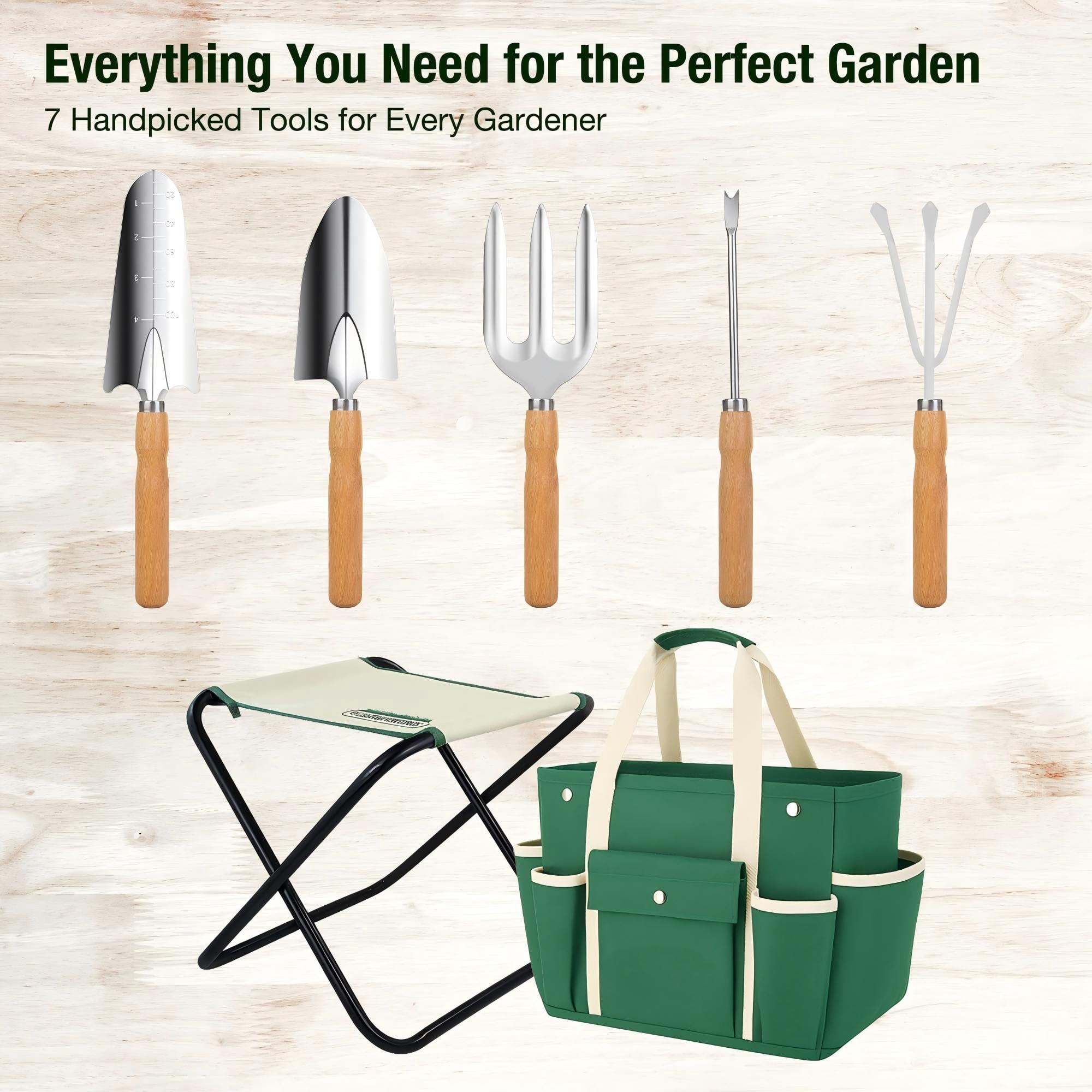 7-Piece Gardening Tool Set  Stainless Steel Tools with Wooden Handles, Folding Stool & Canvas Tote, Durable Garden Kit for Women and Beginne - Image 5