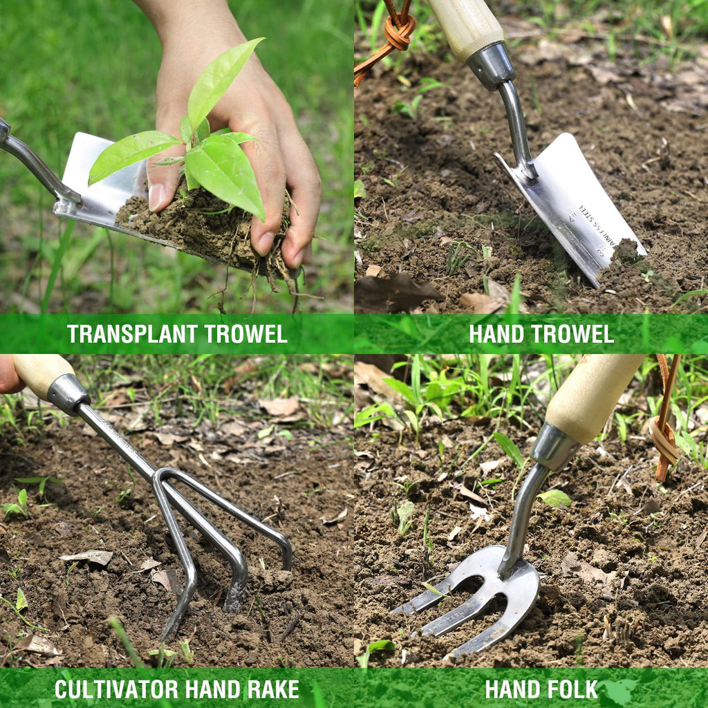Garden Tools Set, 7 Piece Stainless Steel Heavy Duty Gardening Tools with Wooden Handle - Image 6