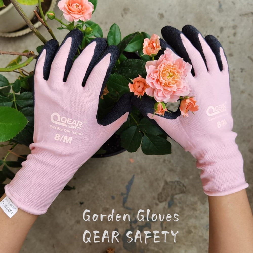 3 Pairs Qear Pink Lady Gardening Work Gloves for Men and Women, Latex Rubber Palm Coated, Anti-slip, Abrasion, Snug Fit (Medium) - Image 3