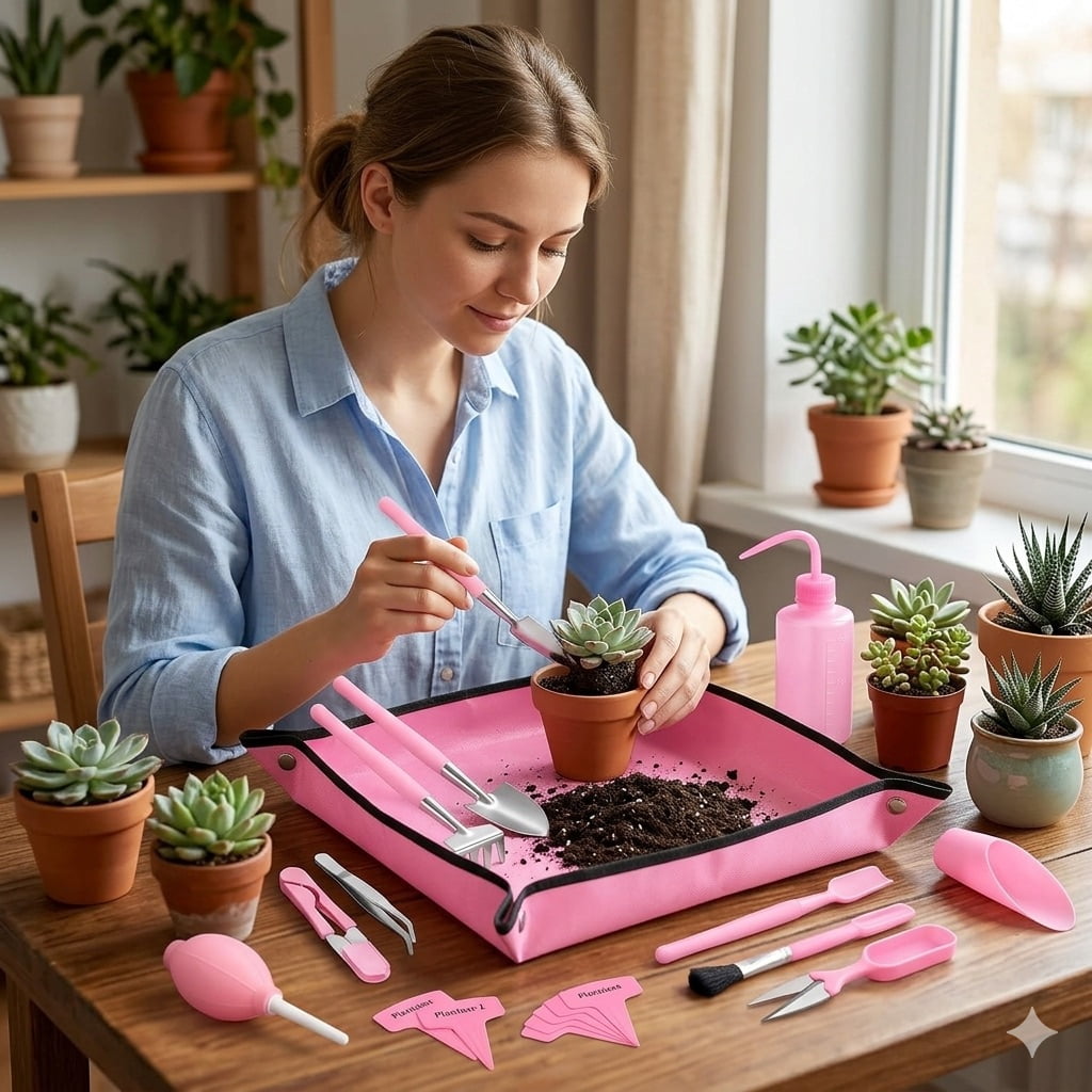 24 Pcs Succulent Tools Set with 20" x 20" Waterproof Potting Tarp Mat, Miniature Indoor Garden Hand Tool Kit for Tran... - Image 6