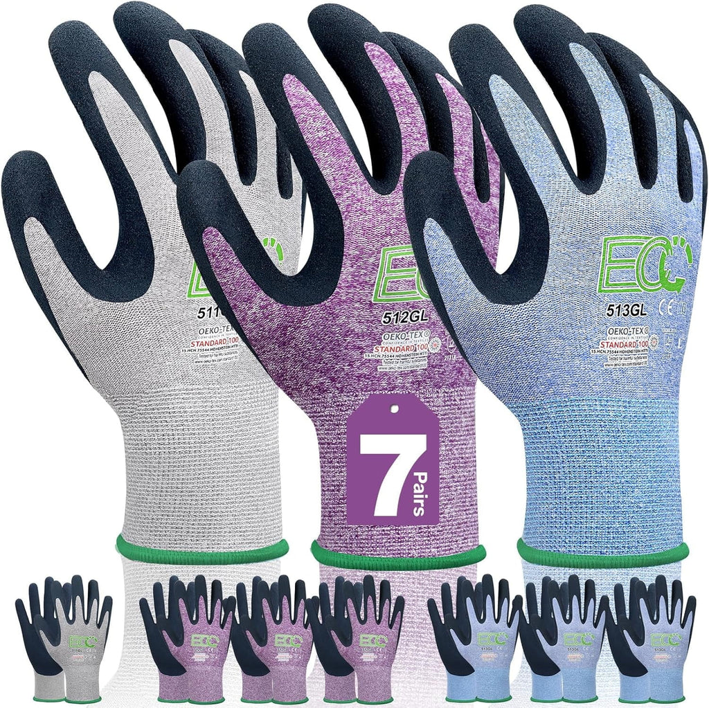 7 Gardening Gloves, Breathable Micro-Foam Coating, Durable Protective Work Gloves, 3 Purple + 3 Blue + 1 Grey, Medium