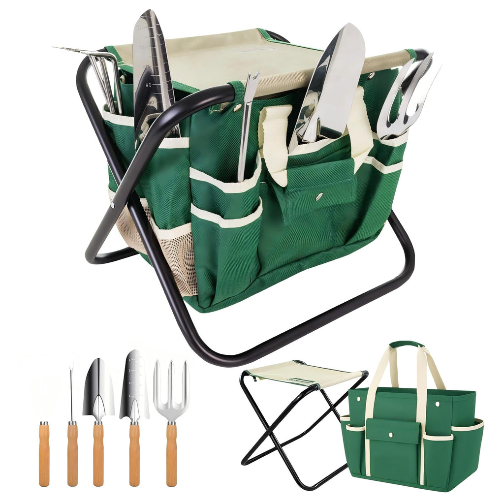7-Piece Gardening Tool Set  Stainless Steel Tools with Wooden Handles, Folding Stool & Canvas Tote, Durable Garden Kit for Women and Beginne