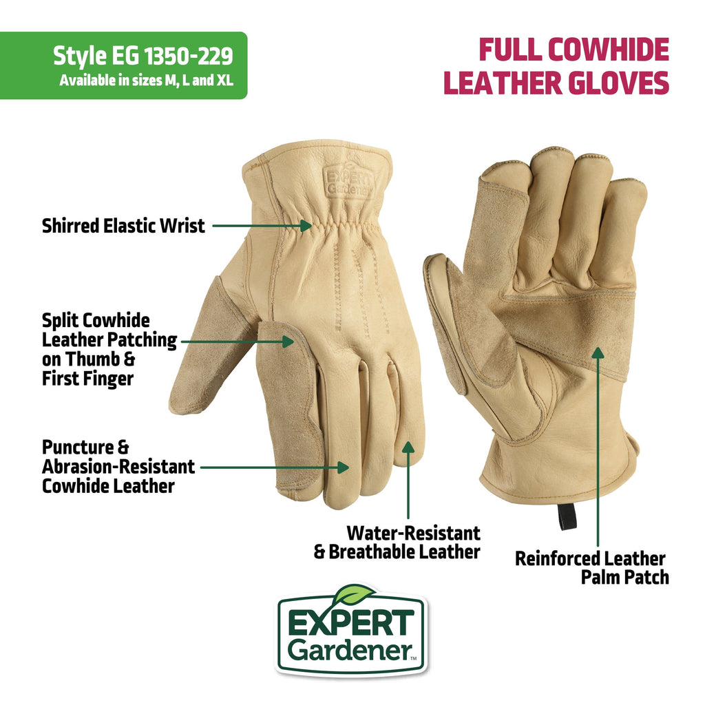 Mens Grain Cowhide Leather Gardening Gloves, Size L - Image 2