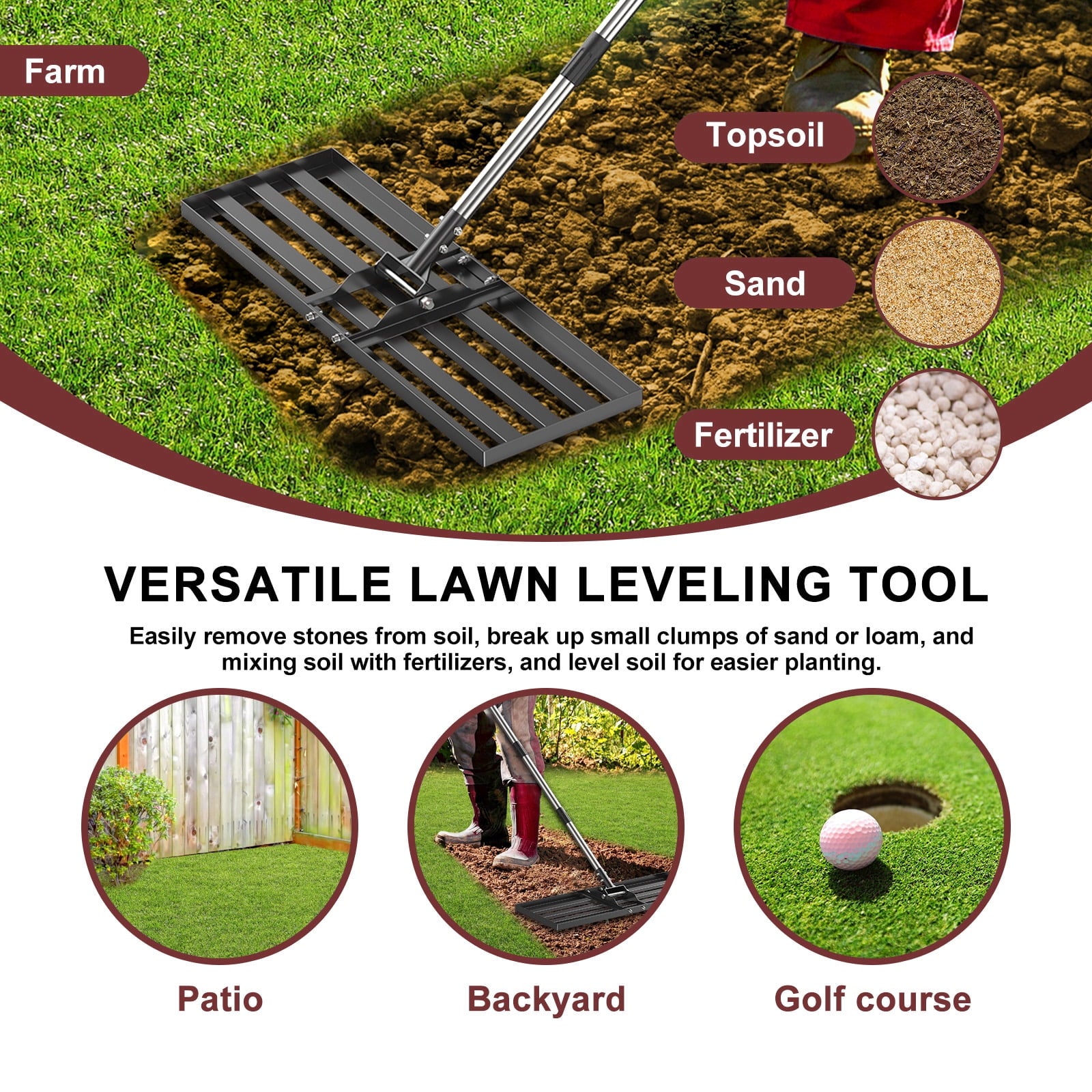 Lawn Leveling Rake, 30" x 10" Heavy-Duty Stainless Steel Lawn Leveler with 72“ Adjuatble Long Handle - Effort-Saving Leveling Soil Sand Spre - Image 2
