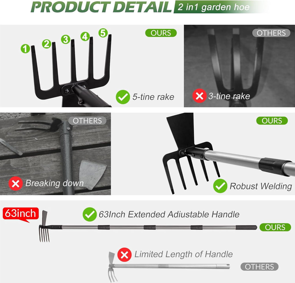 2 in 1 Hoe Garden Tool, 63 Inch Garden Hoe Cultivator and 5-Tines Rake with 37-63 Inch Adjustable Long Handle, Weedin... - Image 5