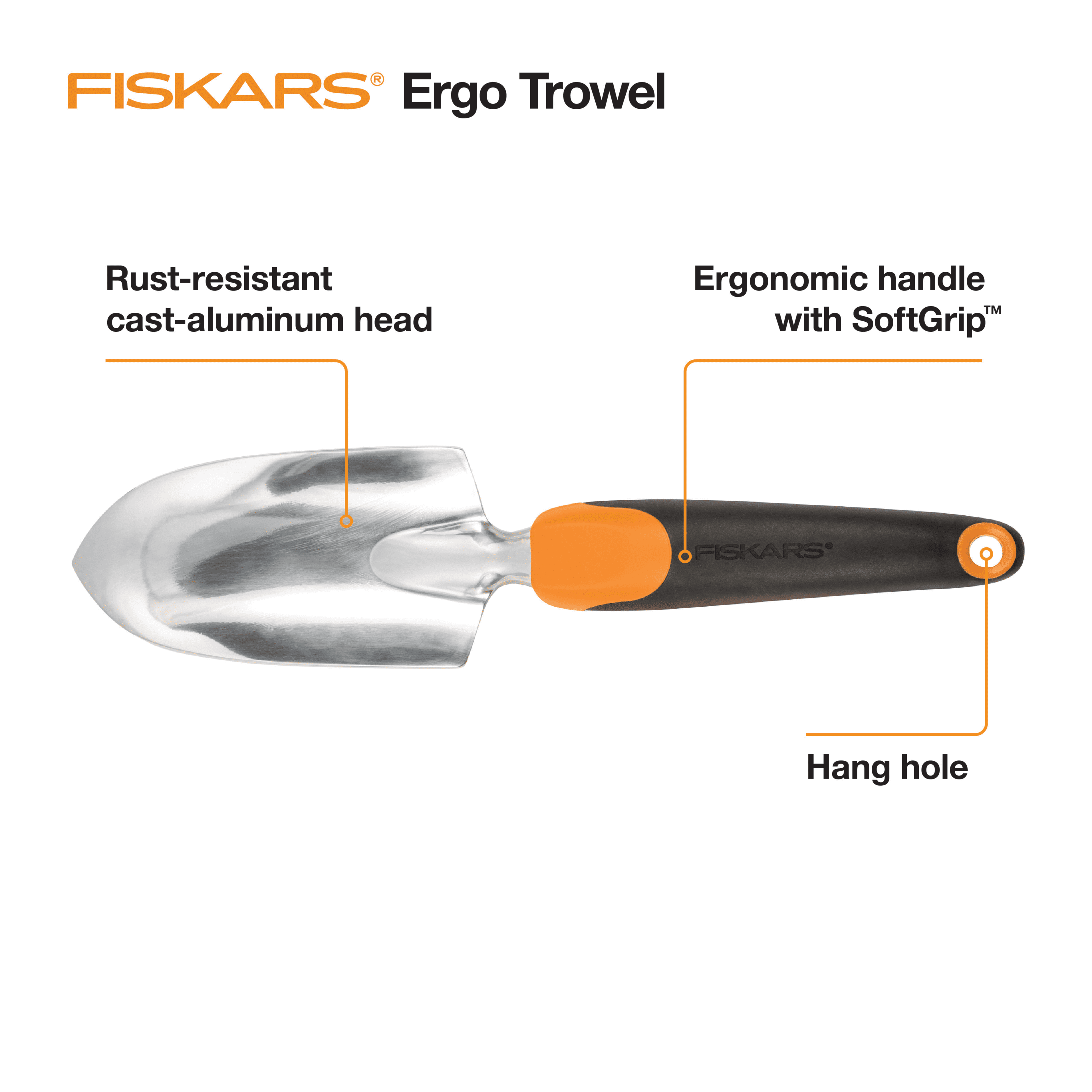 12.25" Cast Aluminum Head, Ergo Flower Bed Trowel, Includes Hang Hole, Black and Orange - Image 3