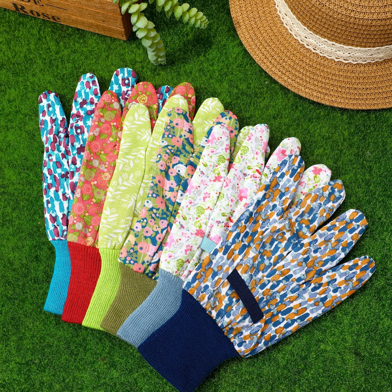 6 Pairs Floral Gardening Gloves for Women, Non-Slip Grip, Soft Breathable Cotton, Elastic Wrist for Weeding, Planting... - Image 4